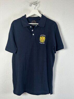 Glo-Story Basic Vienna Austria Polo Shirt Navy Embroidered Lion Crest Medium New